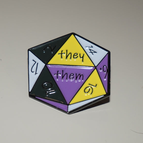 They/them nonbinary d20 enamel pin