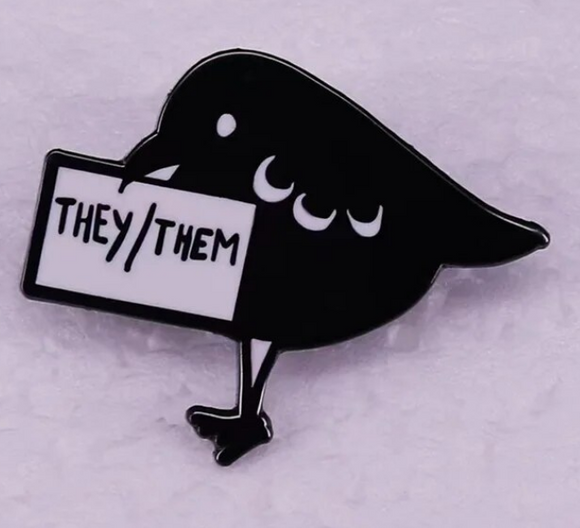 They/them crow enamel pronoun pin