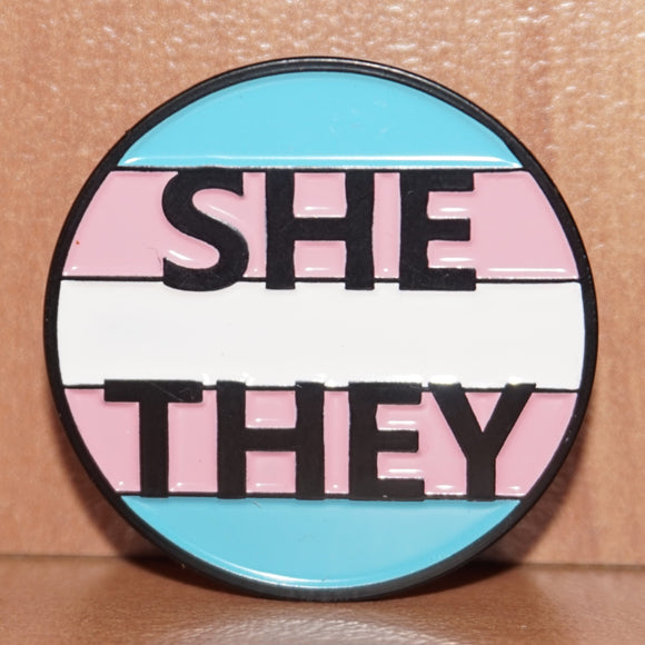 She/They Transgender pronoun enamel pin