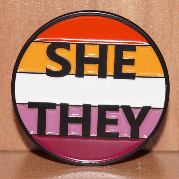 She/They Lesbian pronoun enamel pin